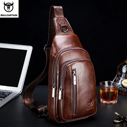 BULLCAPTAIN Men's Genuine Leather Chest Bag Fashion Leisure Multifunctional Crossbody Bag Music Chest Bag Men's Chest Bag