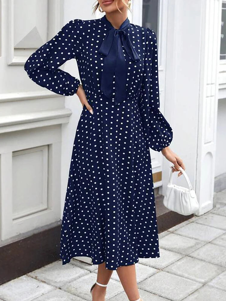 Women's Fashion French Full-body Polka Dot Print Tie Lantern Sleeve Small Stand Collar With Bow A Swing Dress