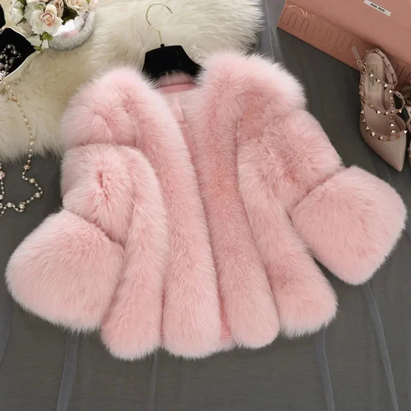 2024 Winter Women Thick Warm Pink Fur Coat Fashion Faux Fox Fur Coat Female Three Quarter Sleeve Artificial Fur Fluffy Jacket