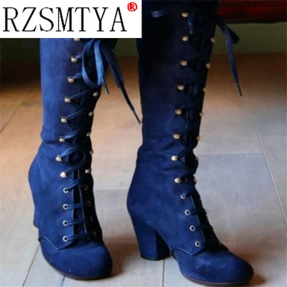 2020 Winter Women Boots Shoes Fashion Vintage Lace-up Boots Women Round Cowboy High Heels Booties Shoes Woman Botas Mujer A031