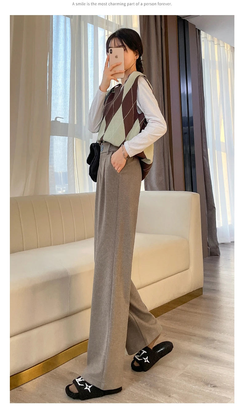 2024 Women's Autumn Winter New Woolen Wide-leg Pants Female High Waist Straight Pant Ladies Loose Warm Casual Trousers L403