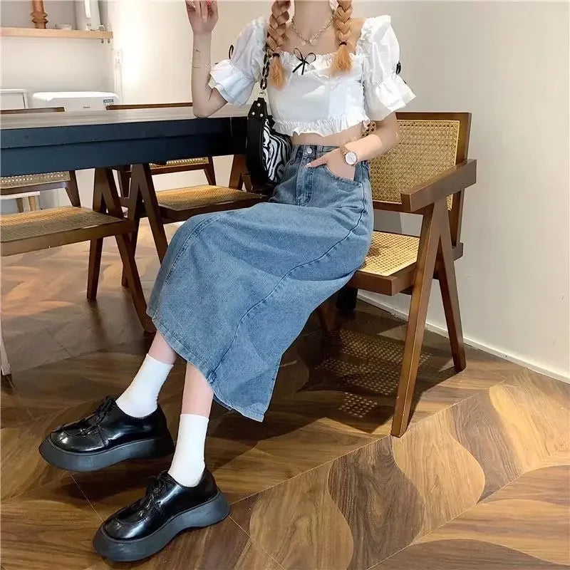 Charcoal Greydenim Skirt Women's Medium-length High-waisted Slimming Vintage Fashionable Spring Autumn New Style A- line Skirt