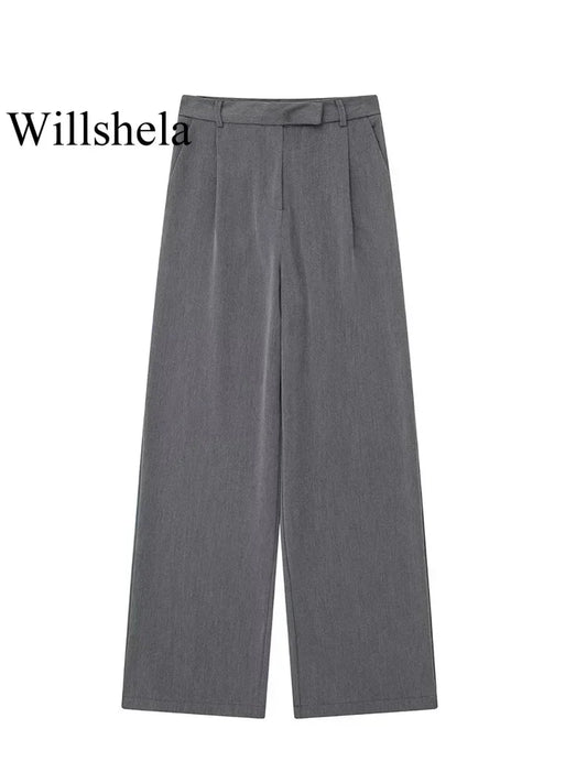 Willshela Women Fashion Solid Front Zipper Straight Pants Vintage High Waist Full Length Female Chic Lady Trousers