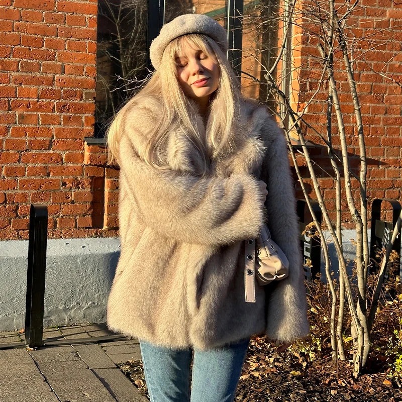 Oversized Lapel Fluffy Fur Coat Women Winter Warm Solid Faux Fur Jacket Long Luxury Brand Loose Party Outwear Fashion Clothes