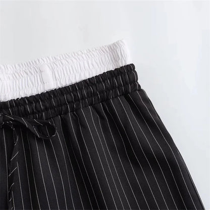 TRAF Striped Black Wide Leg Pants Women High Waist Baggy Pants Woman Fashion Casual Elastic Waist Women's Pants Summer Trousers