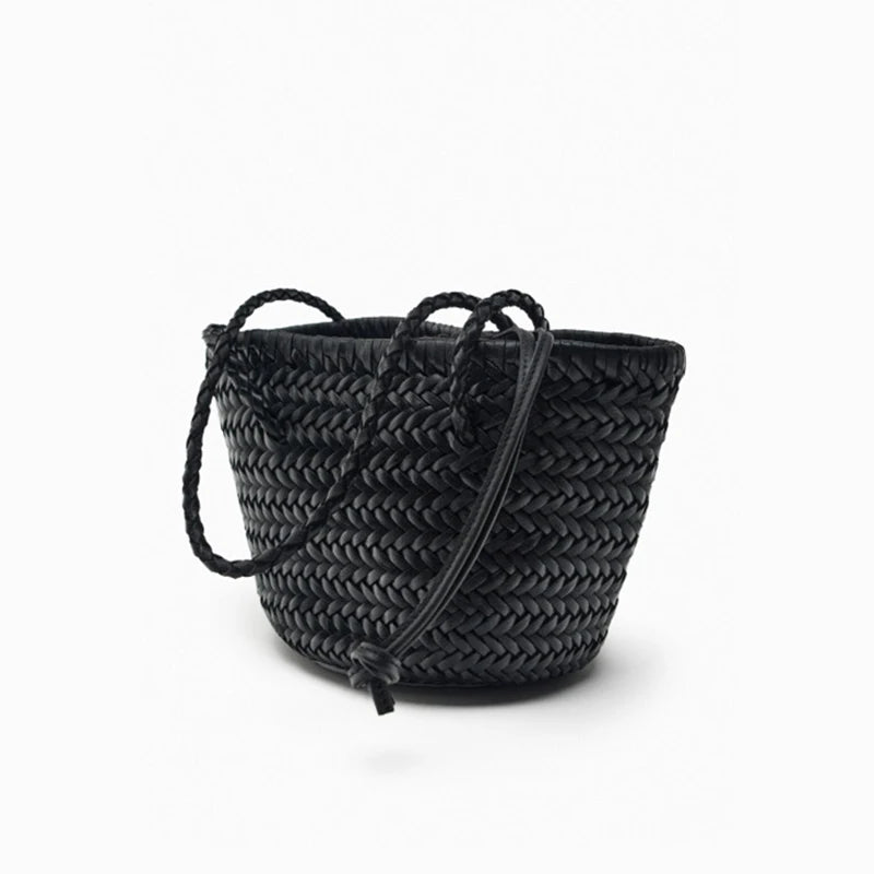 MABULA Vegant Leather Woven Tote Bag for Women Classical Handwoven Drawstring Shoulder Shopper Purse Big Capacity Beach Handbag