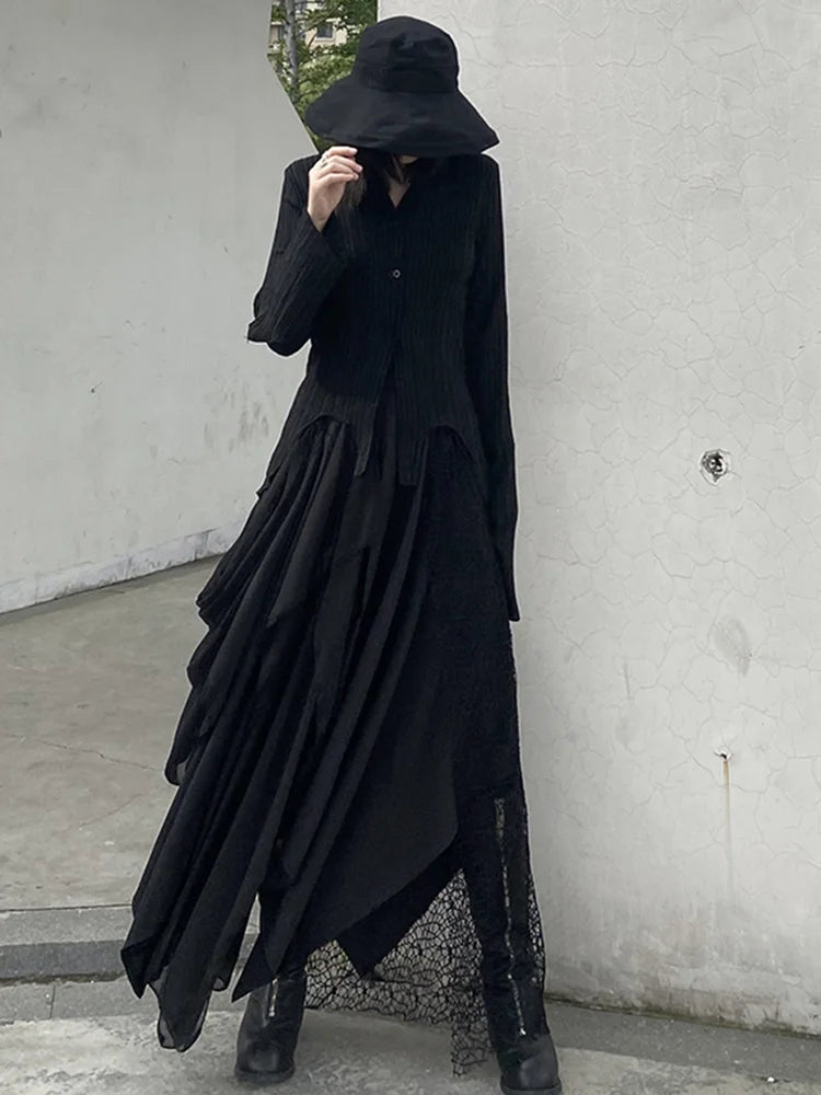 EAM High Waist Irreuglar Hem Design Chiffon Long Black Half-body Skirt Women Fashion Tide New Spring Autumn 2024 1DF8319