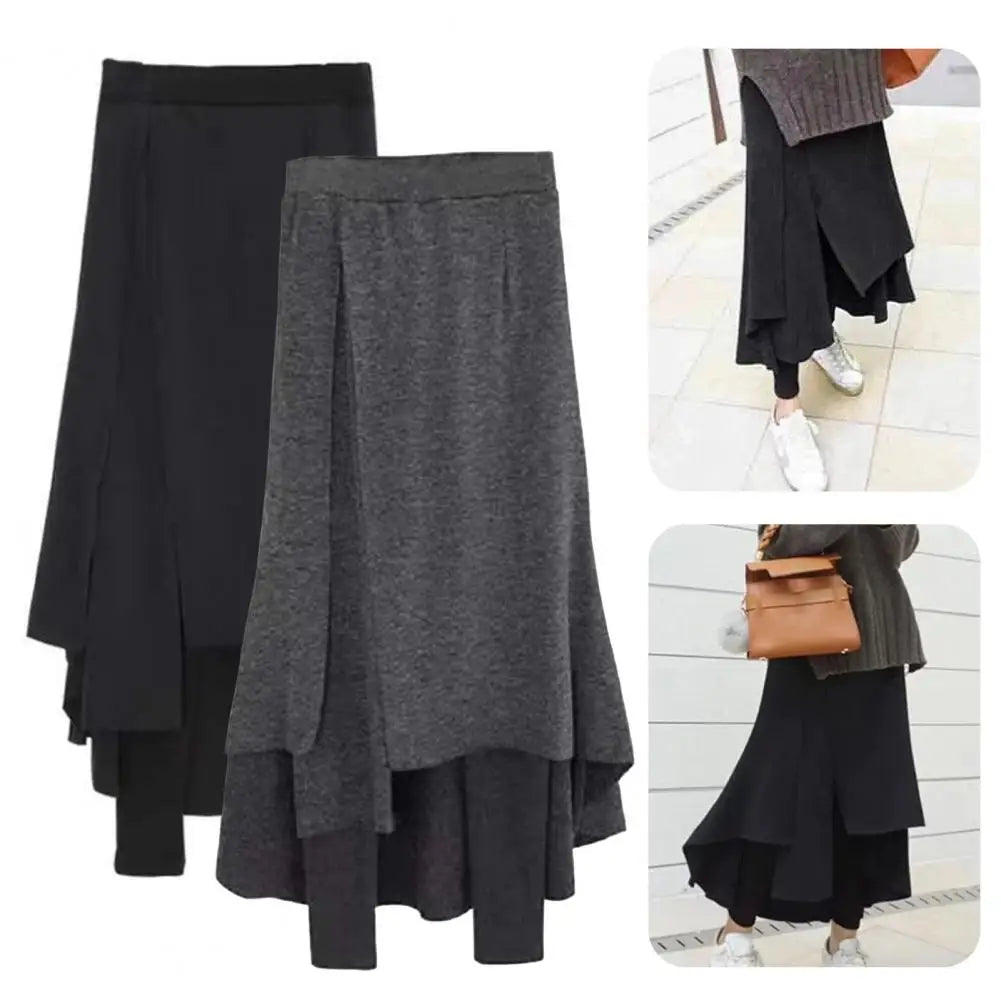 Trousers Skirt High-Waist Elastic Waistband Thickened Leggings Skirt Women Fake Two Piece Fleece Lining Maxi Skirt