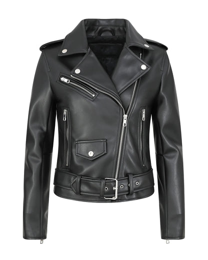 Women's Faux Leather Motorcycle Jacket PU Slim Short Biker Coat