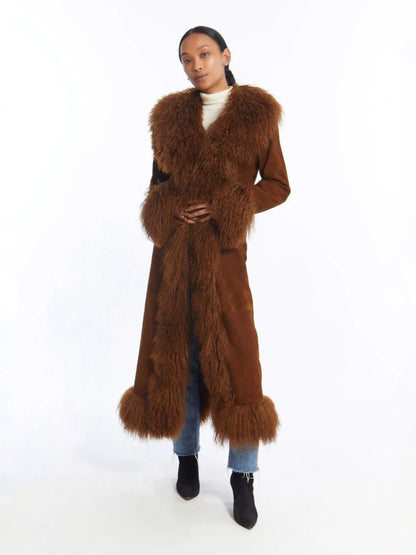 RR2813 Faux Mongolian Fur Trim Coats  Women Fully Cotton Lined Suede Maxi Winter Jackets Warm Faux Fur X-Long Coats Hook Closure