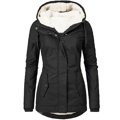 Fashion Women's Thickened Coat Warm Winter Solid Plush Thickened Long Jacket Outdoor Hiking Hooded Windproof Parka Coat