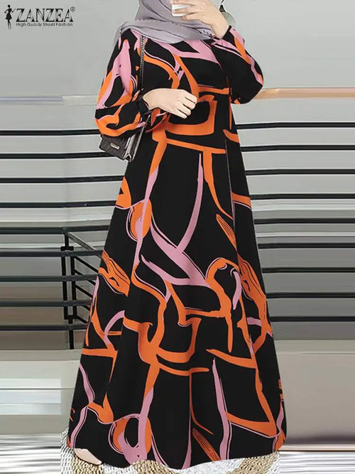 ZANZEA Muslim Women Floral Printed Maxi Dresses Islamic Robe Fashion Long Sleeve Loose Dubai Abaya Elegant Casual Loose Vestidos