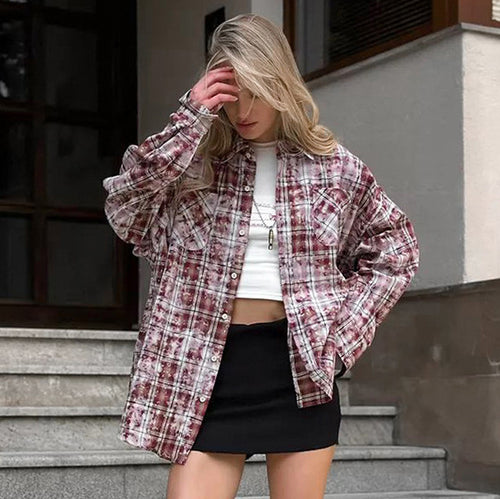 Lapel Loose Long Sleeve Casual Plaid Shirt