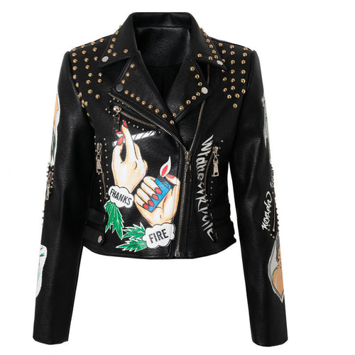 New Jacket Leather Fashion Personality Women's Print Rivet Jacket Short