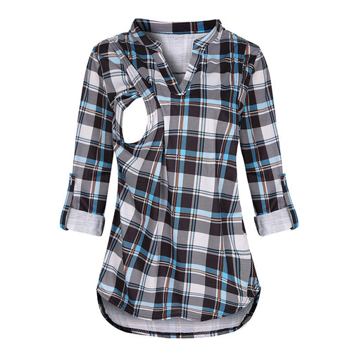 Plaid Printed Pregnant Woman Breastfeeding V-neck Long Sleeve Top