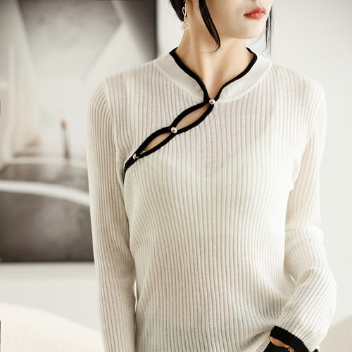 Wool Hollow-out Plate Buckle Stand Collar Design Sweater Thin