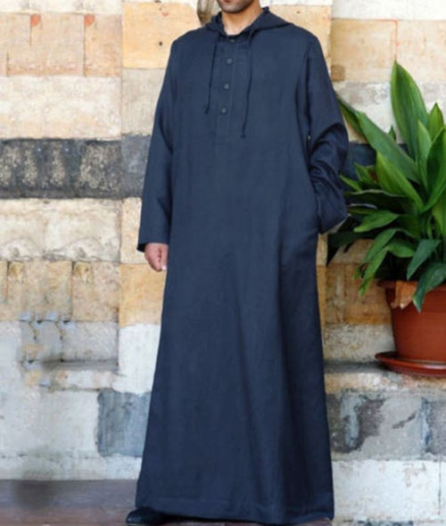 Arabic Style Simple Long Men's Hooded Shirt Muslim Robe