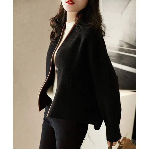 Autumn Korean Style Versatile Contrast Color Fashion Loose-fitting Long Sleeves Short Black Sweater Coat For Women