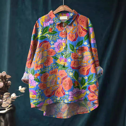 Lapel Long Sleeve Shirt Vintage Floral Flower T-shirt Shirt