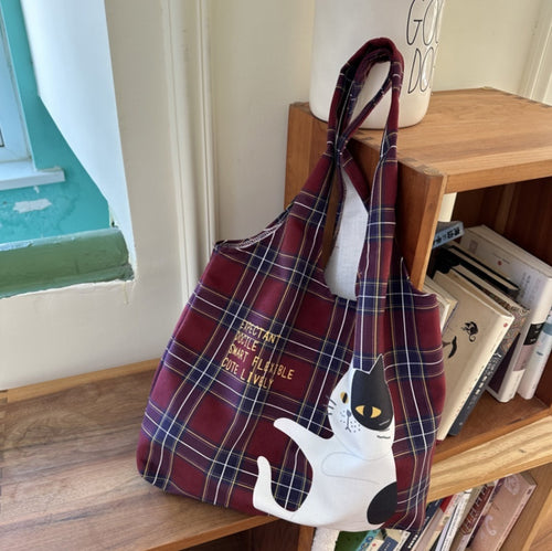 Scottish Plaid Flocking Cat Printing Handbag Vintage