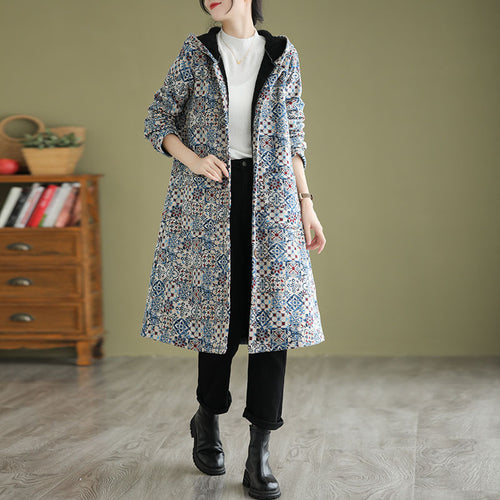 Ethnic Style Fleece-lined Thick Mid-length Hooded Jacket