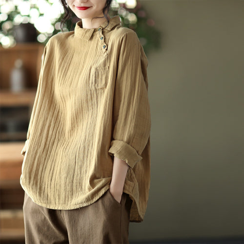 Vintage Oblique Placket Long-sleeved Double-layer Cotton Yarn Shirt Women's Artistic Pullover Top