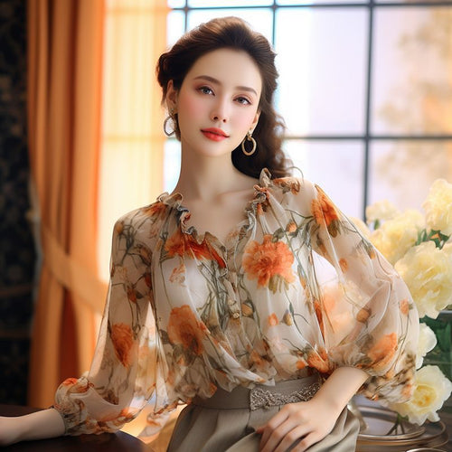 Wooden Ear Puff Sleeve Printed Chiffon Shirt Top