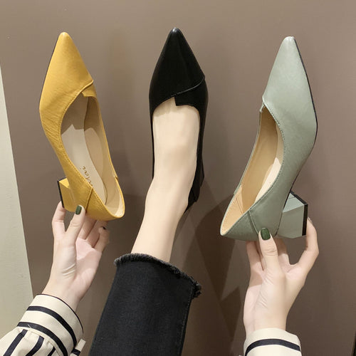 Chunky Heel Low-cut High Heel Pumps Women Pointed Toe