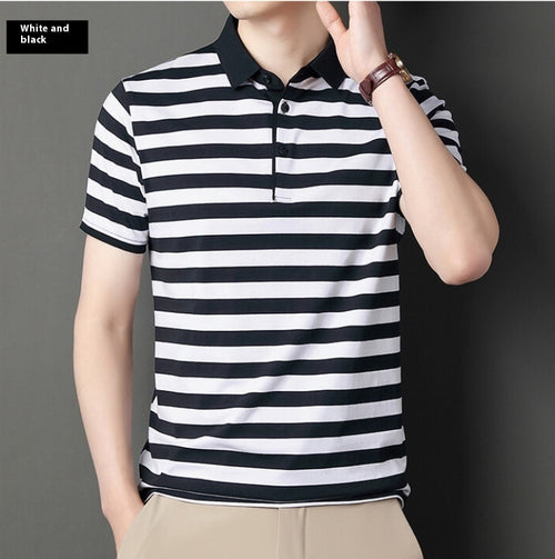 Summer Short-sleeved T-shirt Men's Cotton Ice Silk Polo Collar Stripes Youth Undershirt