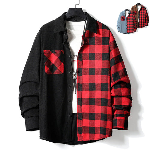 Fashion Casual Color-matching Plaid Shirt Autumn And Winter Corduroy Long-sleeved Lapel Shirt Loose Top Men's Clothing