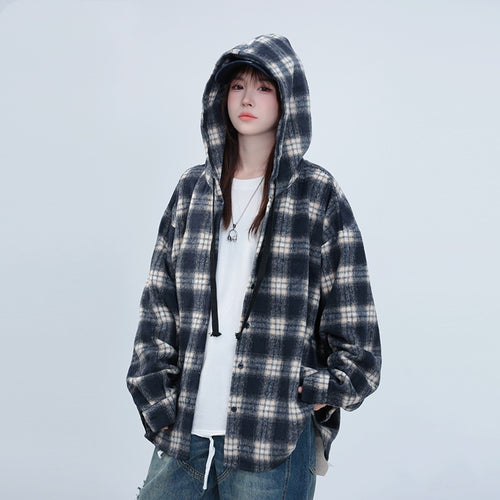 Plaid Hooded Shirt Coat Loose Mid-length Casual Top