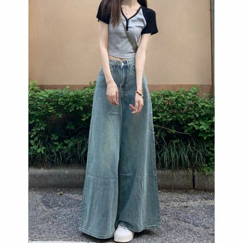 Washed-out Vintage Wide Leg Jeans High Waist Slimming