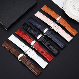 Butterfly Clasp Business Bamboo Pattern Cowhide Leather Watch Band