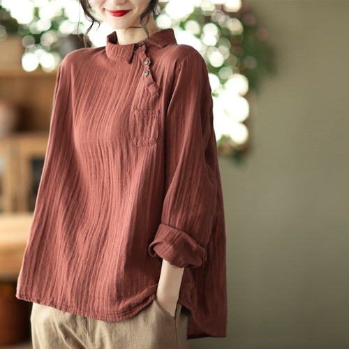 Vintage Oblique Placket Long-sleeved Double-layer Cotton Yarn Shirt Women's Artistic Pullover Top