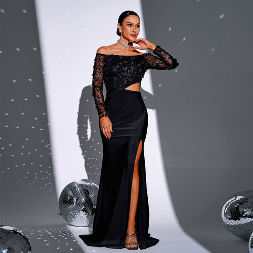 Bandeau Sexy Long Sequined Off-neck Banquet Evening Dress